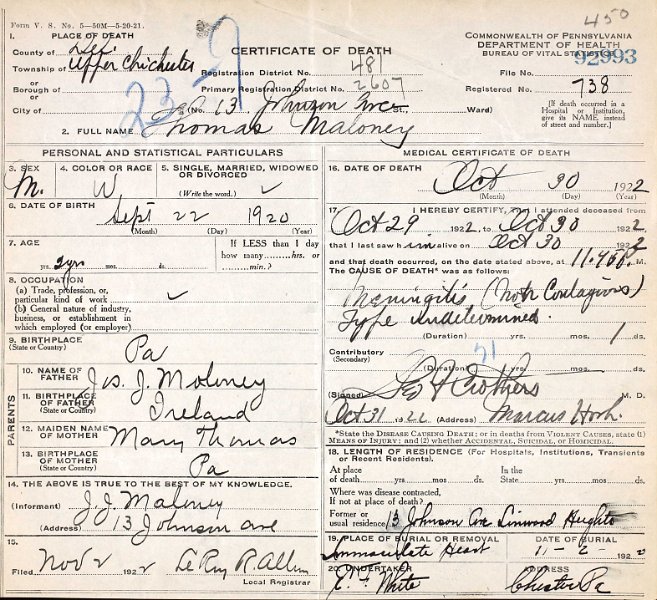 Thomas Maloney - Death Certificate.jpg - 1922 Death certificate for Thomas Maloney (1920-1922)